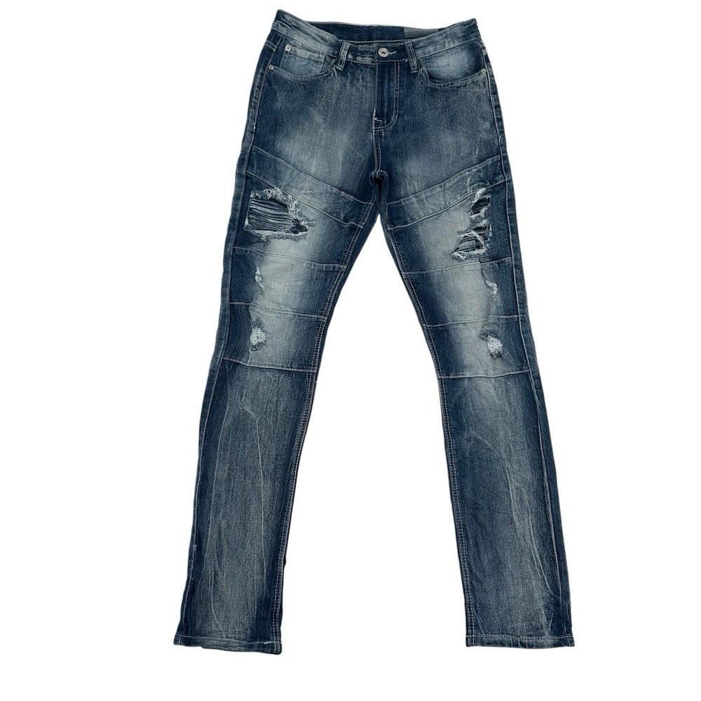 Southpole Men 28x32 Distressed Moto Biker Denim Jeans Blue Wash Grunge Whiskered